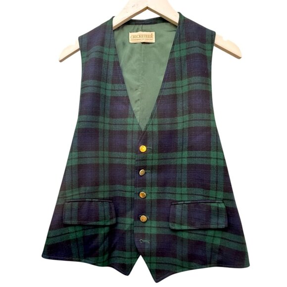 Cricketeer Mens Vest M/L Navy Green Plaid Preppy Scottish Tartan Wool - Picture 1 of 7